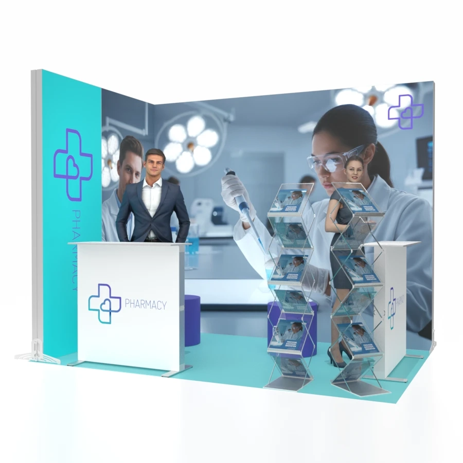 trade show booth multi pharmacy with a shelf