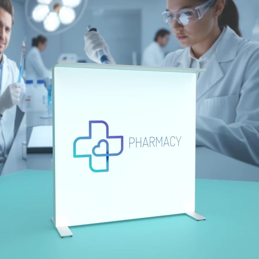 Modułowe stoisko targowe z grafiką firmową i brandingiem.webp