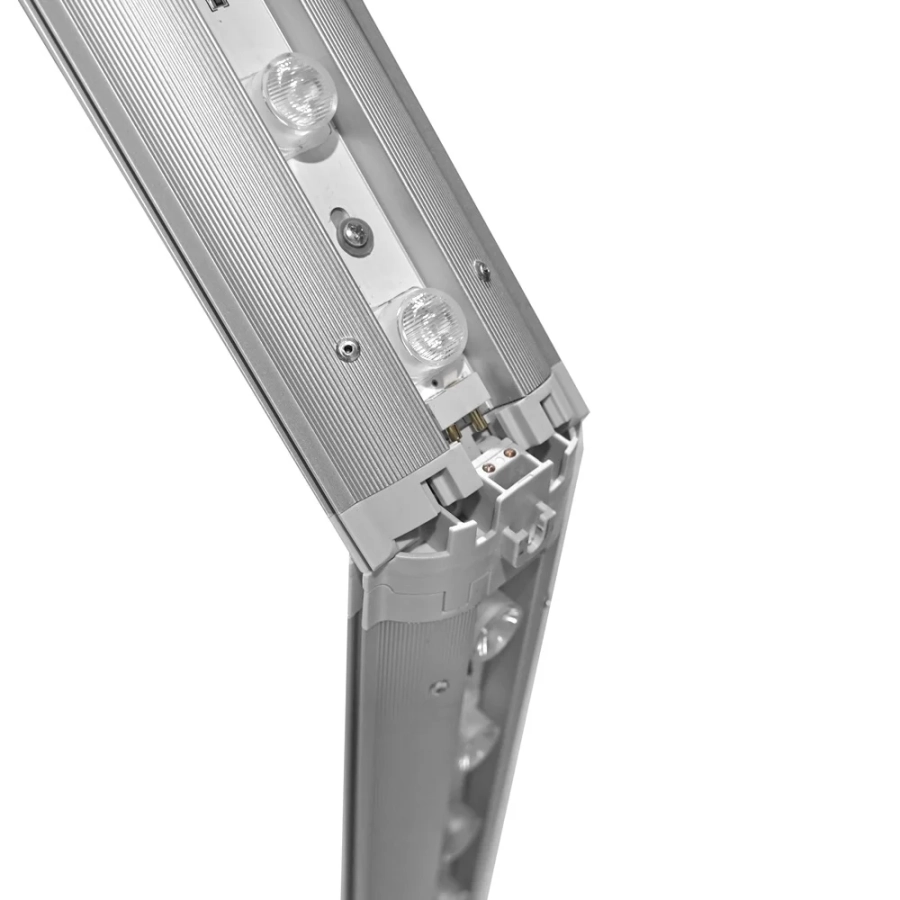 Detal ruchomego zawiasu profilu z wbudowanymi stykami LED dla kasetonu dwustronnego Pop Jump 100x225 cm