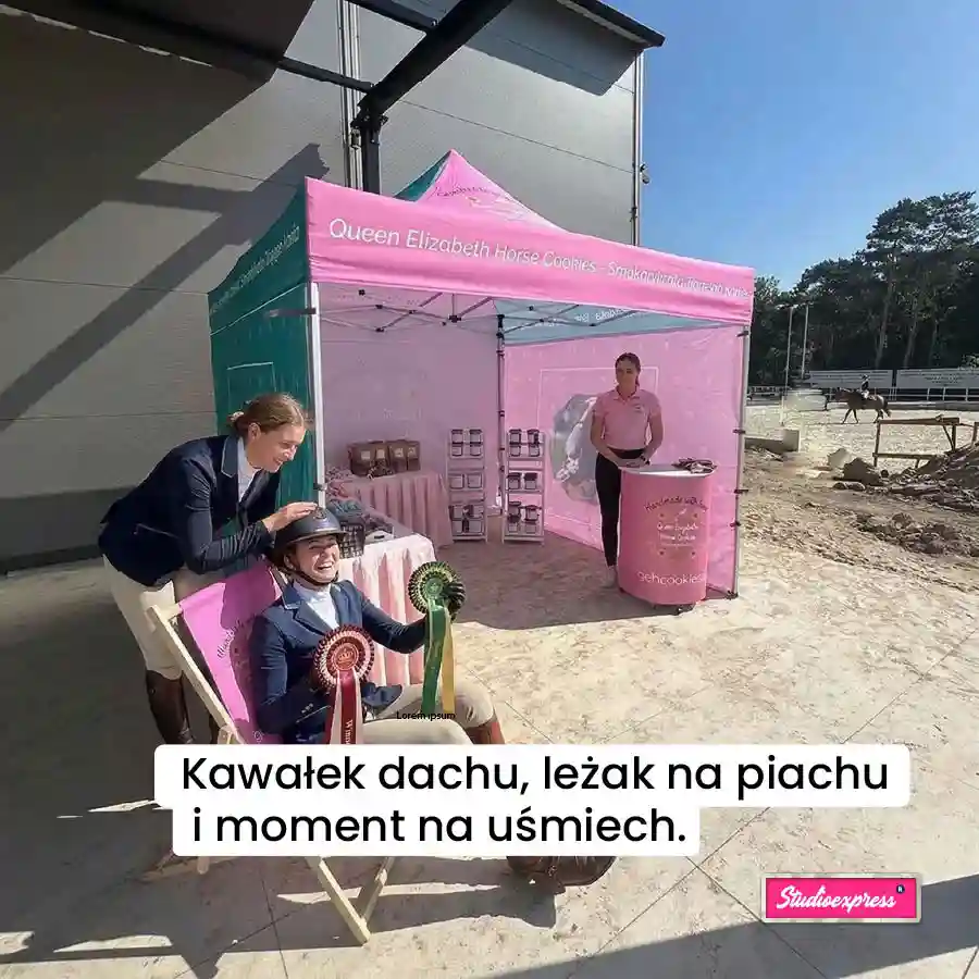 Różowy namiot reklamowy 3x3m z nadrukiem dla Queen Elizabeth Horse Cookies – realizacja zawody jeździeckie
