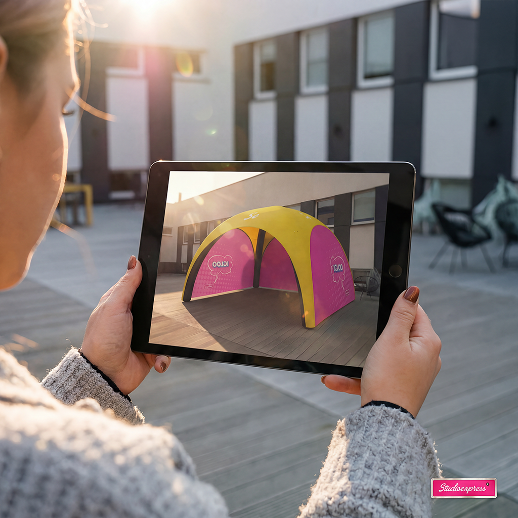 Namiot stałociśnieniowy Igloo Star 3x3 na tablecie w trybie AR 3D